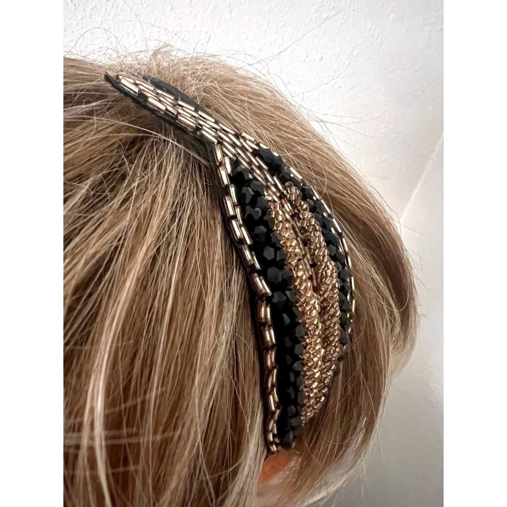 Handmade Beaded Headband Black Gold Silver Art Deco Style Side Accent Flapper